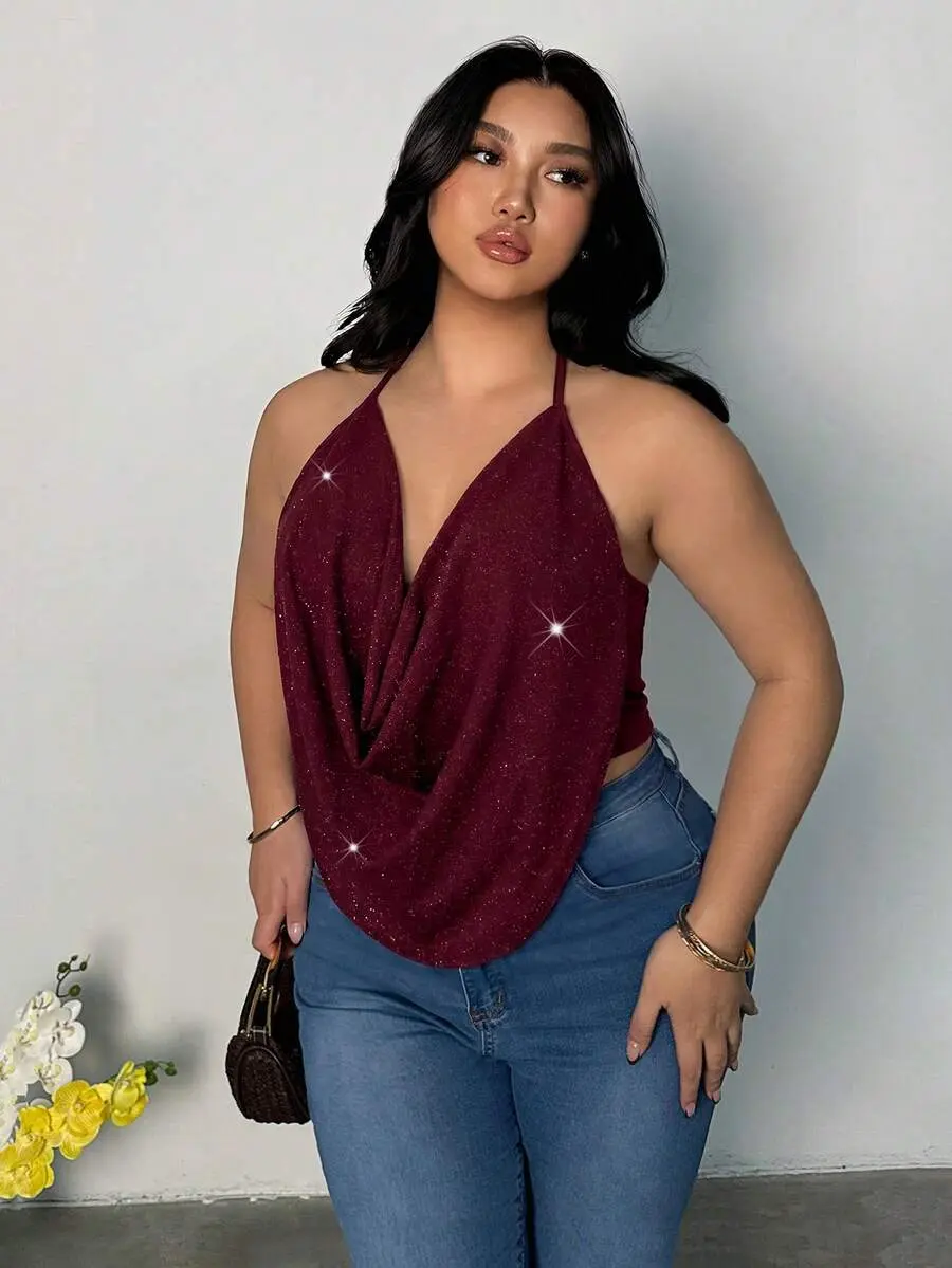 ORLINA Plus Size Women's Solid Color Shiny Draped Neck Tank Top Party Cocktail Dinner Concert Rave Going Out Burgundy Summer Sexy