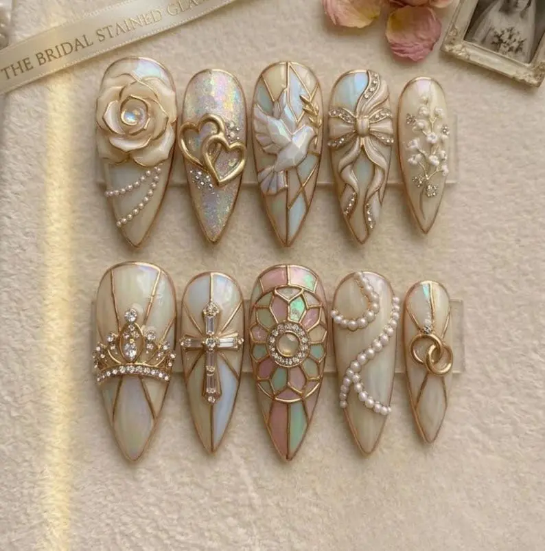 Luxury Bridal Pearl Stained Glass Press On Nails | 3D Rose Dove Cross Wedding Handmade Nails | Elegant Ivory Gold Nail Set