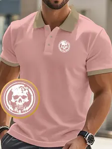 Trendy Skull Icon Geometric Print Polo Shirt, British Style Colorblock Collar Short Sleeve, Men's Business Casual Top, Menswear, Perfect for Daily Wear, Printed Polo Shirts
