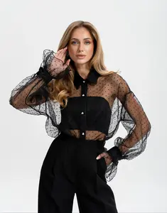 Liora Black Sheer Organza Polka-Dot Blouse