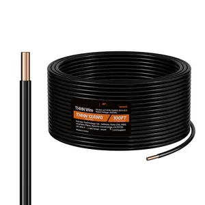 12 Gauge Solid THHN Wire Black Copper Electrical Building Wire PVC Nylon Jacket, UL Listed, Copper Conductor, Thermoplastic Insulation, Durable, Weather Resistant, 100 Ft Length For General Electrical Wiring