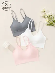 3-piece set of solid color women's bras, wireless with removable padding, Minimalist, adjustable straps, beautiful back design, supportive shaping and gathering, suitable for daily commuting, casual wear, sports, fitness