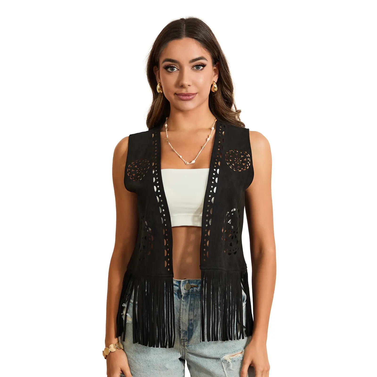 Women's Fringe Faux Suede Vest Casual Open Front Sleeveless Tassel Hippie Jacket