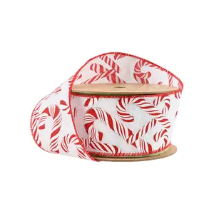 2 1/2" Wired Ribbon | Candy Cane on White | 10 Yard Roll wreath making Christms tree decor