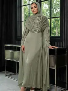 #CL81  Pleated-shawl abaya with A-line silhouette, fitted waist, long skirt, glossy texture, back belt, double-layered opacity.