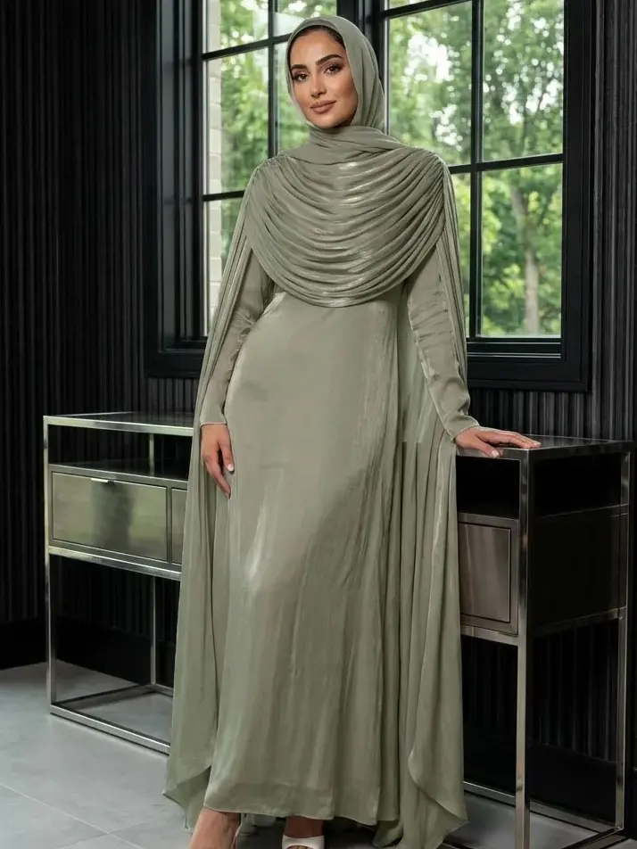 #CL81  Pleated-shawl abaya with A-line silhouette, fitted waist, long skirt, glossy texture, back belt, double-layered opacity.