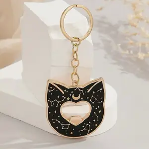 Cat Lovers Gold & Black Astrological Moon Design Bottle Opener Keychain for Cat Enthusiasts
