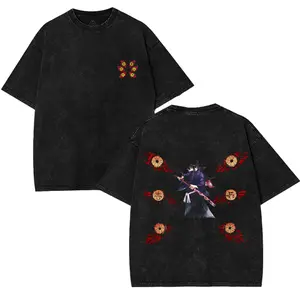 Kimetsu no Yaiba- Demon Slayer x Yoriichi Tsugikuni, Double 2 Sided anime manga game T-Shirt, unisex Classic Fit Menswear Top graphic tees Cotton Fabric Seamless Tshirt Black Casual Streetwear Tropical Crewneck Shortsleeve