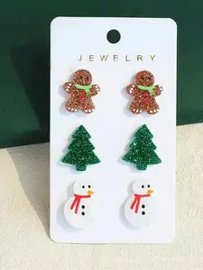 6 Pcs Fashion Snowman Gingerbread Christmas Tree Earrings Set for Women, Casual Style, All Seasons, Acrylic Material, No Choking Hazard