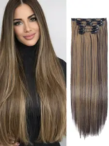 6PC Clip in Hair Extensions 24" Straight Long Extensions for Women Synthetic Hairpiece (Brown with Blonde Highlights)