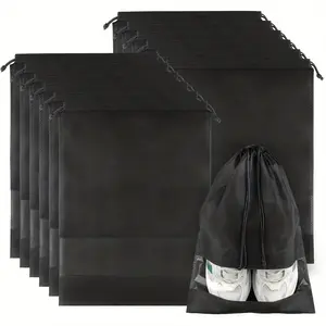 12pcs Large Black Travel Shoe Bags with Drawstring - Durable, Foldable & Reusable Non-Woven Fabric Organizer for Men's & Women's Footwear, Transparent Window Design for Easy Identification, Shoes Bag