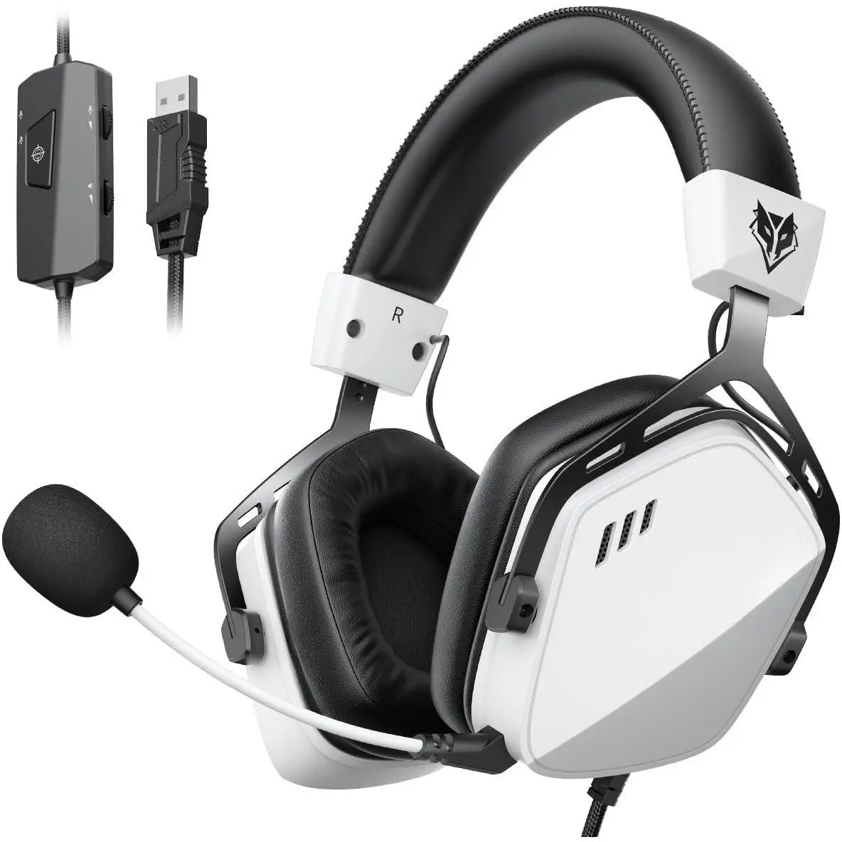 HG03 USB-A Gaming Headset with 7.1 Surround and FPS Sound, Wired Headphones with Noise Canceling Mic, Comfortable Design for PC, Laptop - White