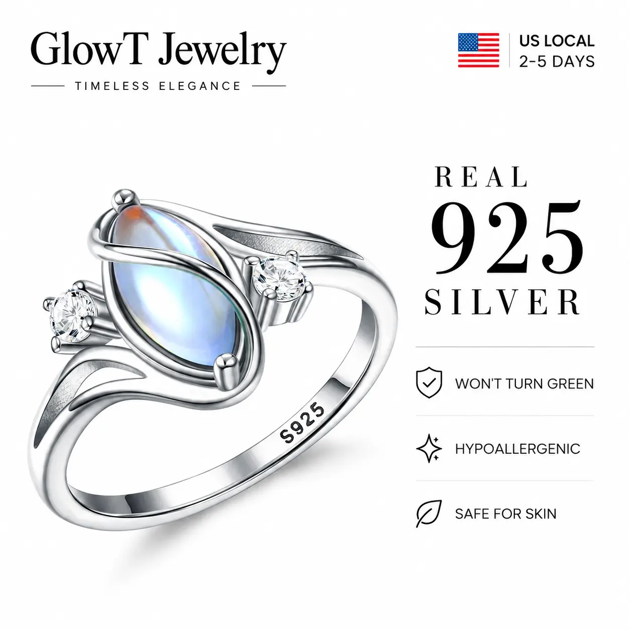 925 Sterling Silver Marquise Moonstone Ring with CZ | Hypoallergenic Lunar Jewelry for Sensitive Skin