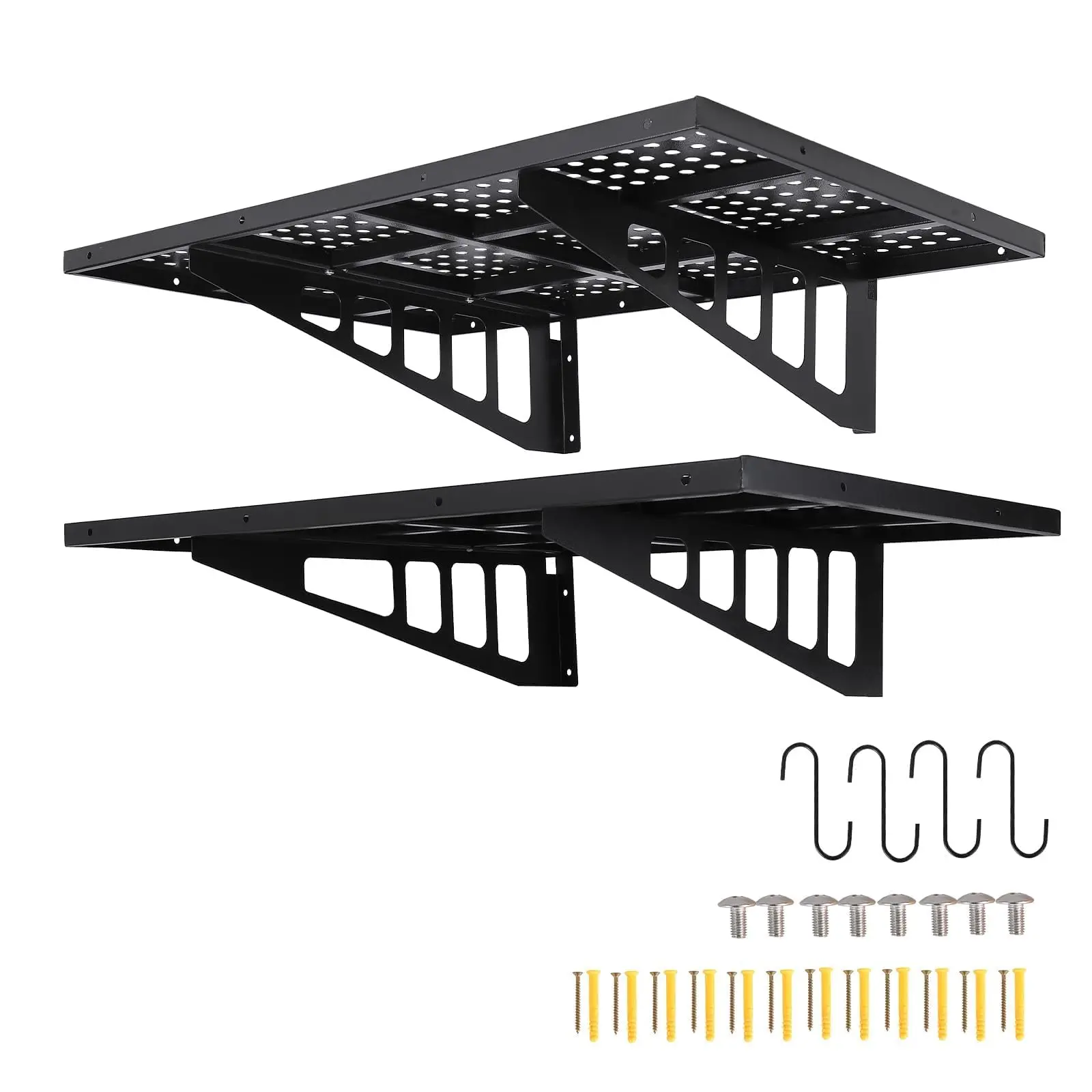 2-Pack Heavy-Duty Steel Wall-Mounted Floating Shelves Set, 24x36in 400 LB Capacity Multifunctional Metal Storage Rack with 4 Mount-on-Wood-Studs Options for Garage, Laundry Room Organization