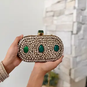 Emerald Green Kundan Clutch: Brass Bag With Green Onyx Gemstone
