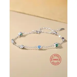 925 Sterling Silver Women's Elegant Heart & Rhinestone Design Bolt Ring Closure Bracelet, Exquisite Trendy Adjustable Link Bracelet, Chic Gorgeous Jewelry As Gift for Girlfriend, Valentine's Day, Gift