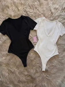 Summer New European Style Women's V-Neck Short Sleeve Romper, Sexy Slim Fit Top, High Elasticity, Breathable Fabric, Perfect for Various Occasions