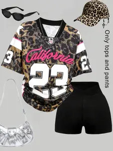 Women's Y2K Style Leopard Print Short Sleeve Top & High-Waisted Shorts Set, Casual Summer Streetwear for Daily Dates Womenswear