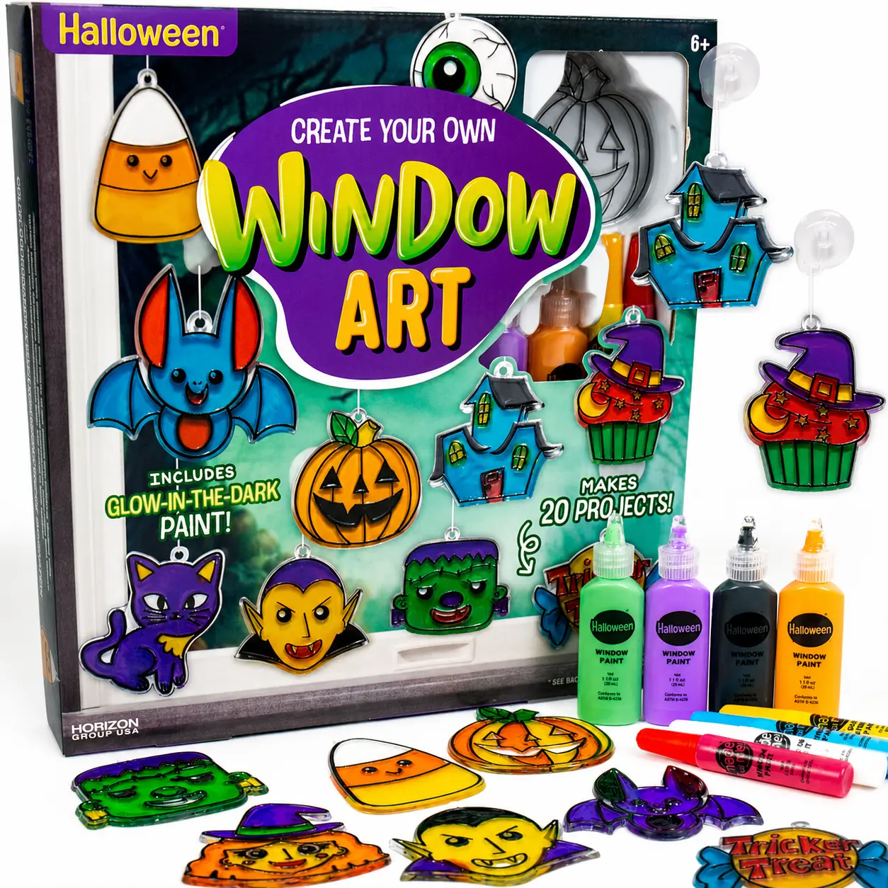 Create Your Own Halloween Window Art Kit for Kids 20 DIY Suncatcher & Window Cling Crafts with Glow in the Dark Paint Halloween Window Decorations Craft Kit Includes Paint Tubes Suction Cups & Hanging Cord Halloween Party Activity