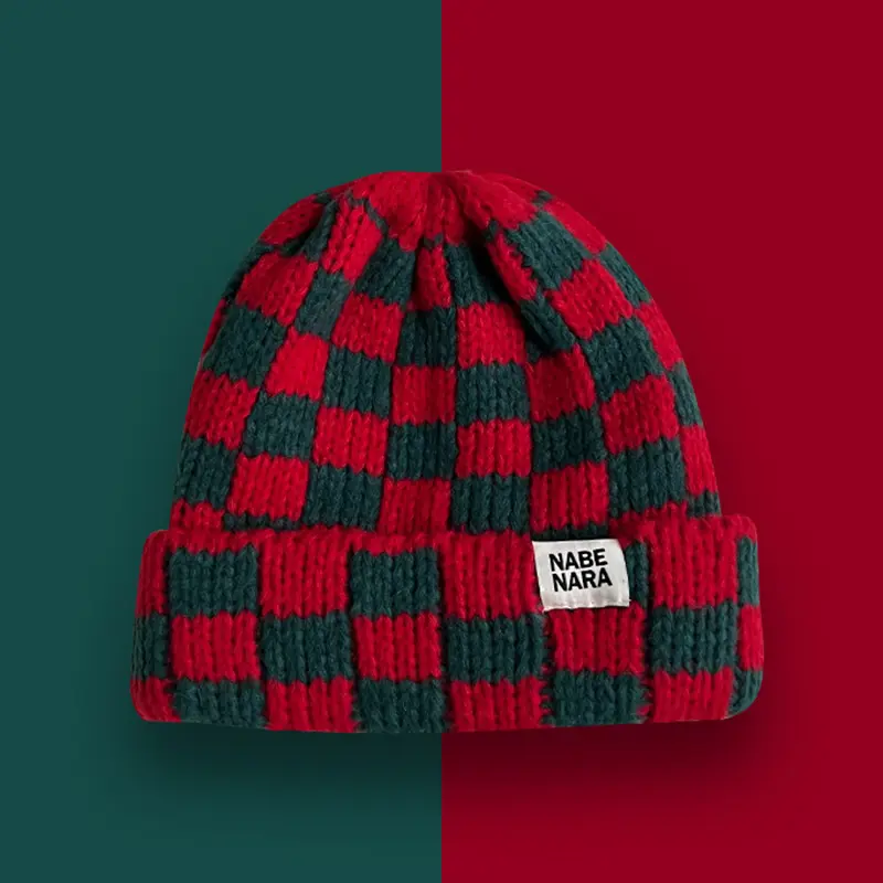 Cozy Checkered Beanie for Women, Warm Stylish Winter Thick Knitted Plaid Skull Ski Hat, Perfect for Outdoor Adventures and Casual Wear, Christmas Gift