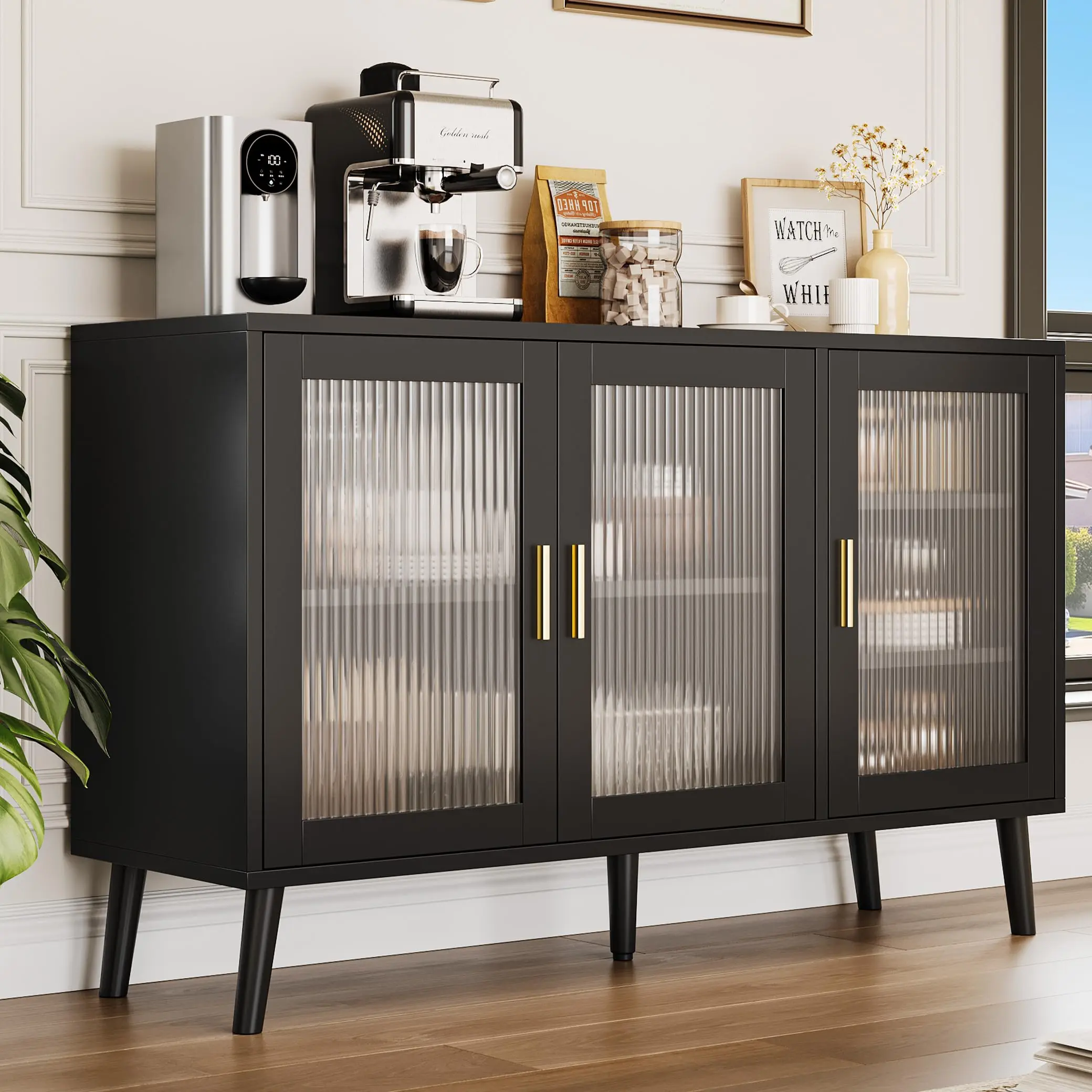 【GARVEE】Sideboard Buffet Cabinet, 48" Kitchen Sideboard Cabinet with 3 Fluted Glass Doors Removable Shelves, Black Credenza Decorative for Living Room, Dining Room, Kitchen