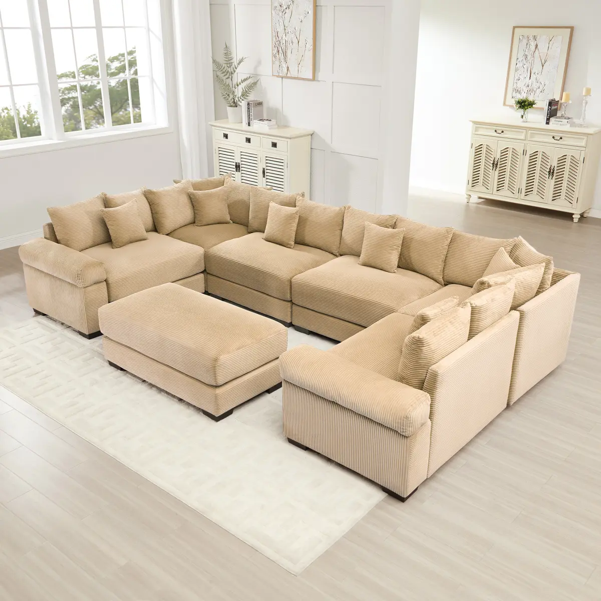 AobtkelOversized Cloud Modular Sectional Couch, Convertible Sectional Couches , Extra-Wide Armrests with Ottoman,Soft Corduroy Fabric, Ergonomic Design, Easy Assembly, For Living Bedroom,Camel   WL, L-Shaped Sofa Sets, Full-Sized Sofa Sets, Low Sofa Sets