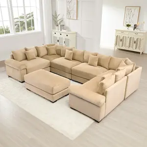 Aobtkel®Oversized Cloud Modular Sectional Couch, Convertible Sectional Couches , Extra-Wide Armrests with Ottoman,Soft Corduroy Fabric, Ergonomic Design, Easy Assembly, For Living Bedroom,Camel   WL