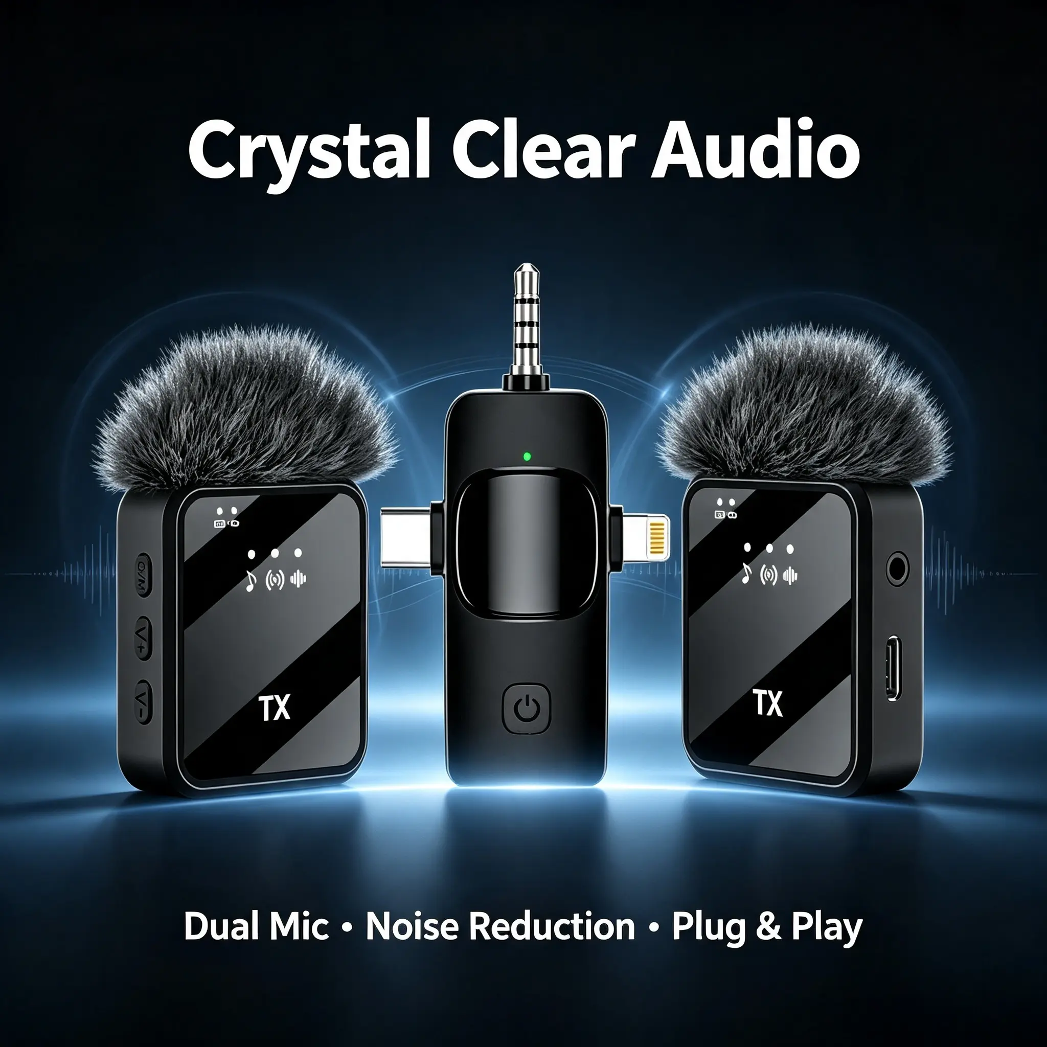 3 in 1 Wireless Clip‑on Lavalier Microphone | Noise Cancelling Mini Mic 18H Battery, for iPhone Android Camera, Vlog TikTok YouTube Interview Video Recording