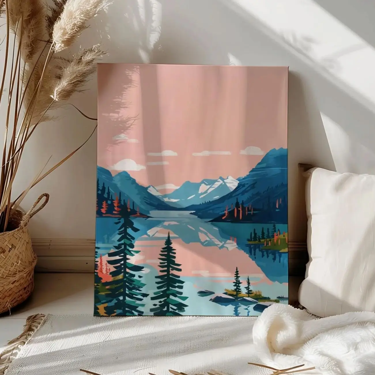 Mountain Lake Pink Landscape Paint by Number Kit for Adults Forest Scenery Paint by Numbers Acrylic Canvas Abstract Wall Art Simple