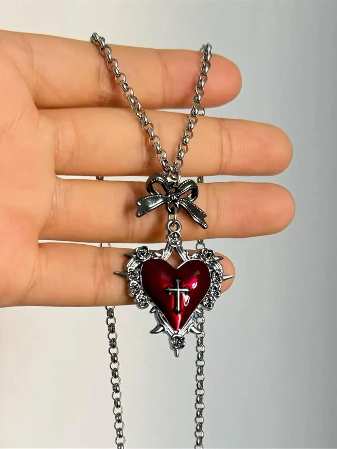 Gothic Punk Heart Bow Cross Necklace, Vintage Collarbone Chain, Unisex Casual Jewelry, Valentine's Day Gift