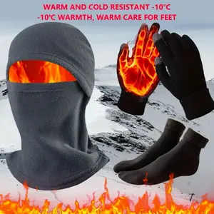 3pcs Winter Essentials Set: Touchscreen-Friendly Gloves, Thick Fleece-Lined Socks & Windproof Balaclava with Ear Protection - 100% Polyester, Black