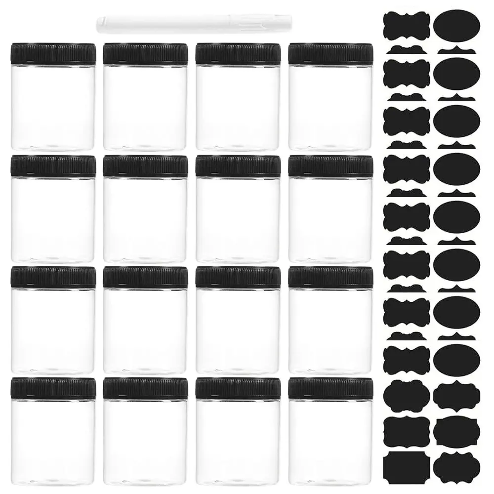 16-Piece 16oz Transparent Plastic Storage Jars with Lids - Home Kitchen Containers Organiser Set with 8 Stickers & 1 Pen for Dry Goods, Peanut Butter, Honey, Jam, Cream (Ideal for Home, Travel)