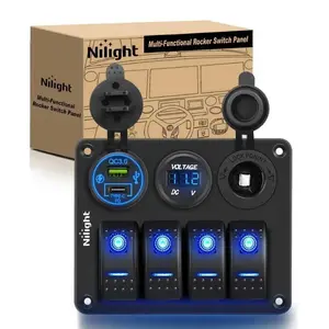 Nilight 4Gang ON/Off Blue Rocker Switch Panel w/ PD Type C & USB Charger Power Socket Fuse