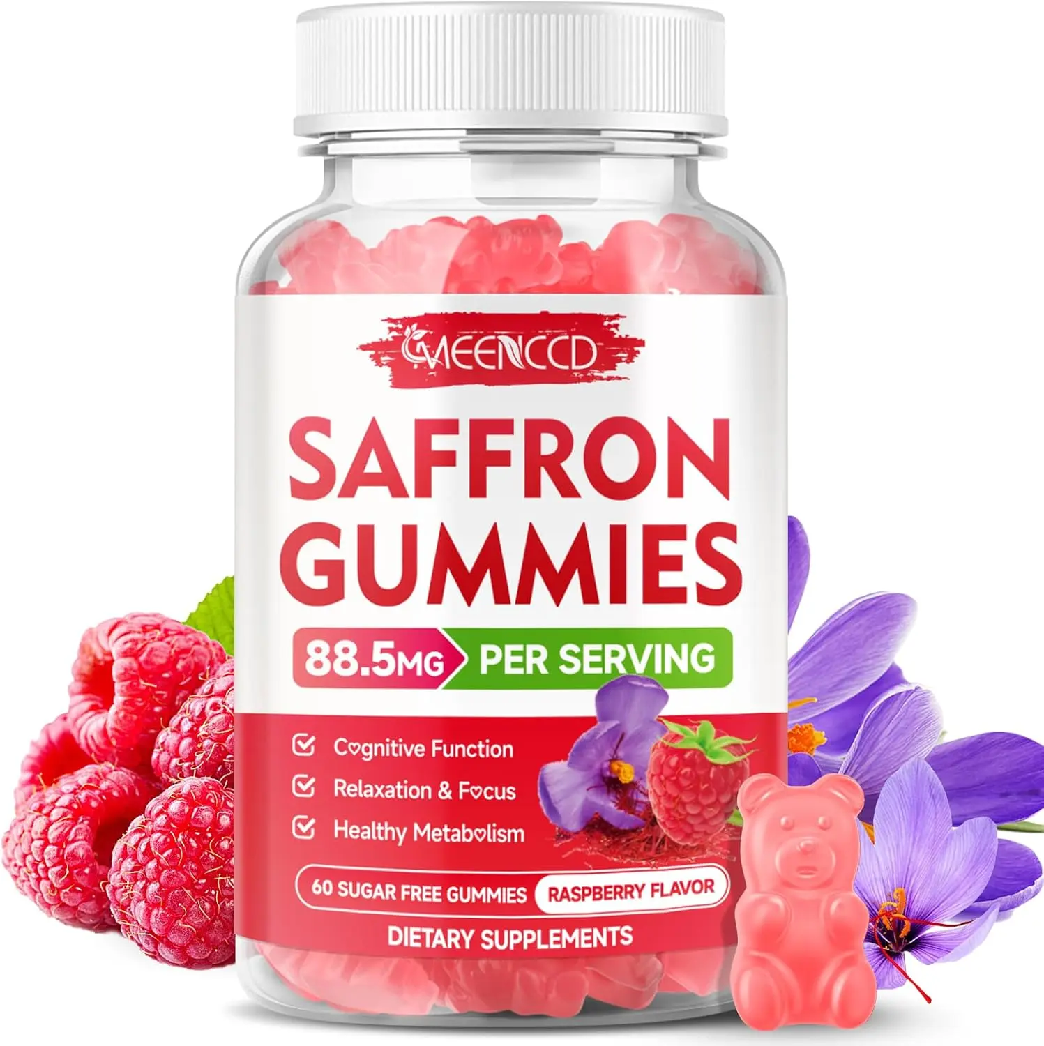 Saffron Gummies for Kids & Adults, Sugar-Free, Raspberry Flavor, 60 Count | Saffron Supplements with Magnesium, L-Theanine, Rhodiola
