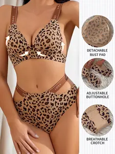 Sexy Leopard Print Wireless Bra Set, Letter Print Lined Push-Up, Medium Support, Casual Style, All Seasons, Women's Underwear