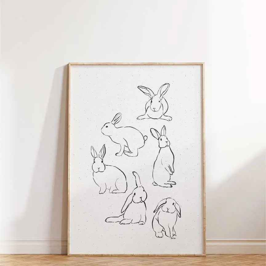 Easter Bunny Print Poster, Minimalist Easter Decoration, Vintage Easter Wall Art, 2D Flat Design, Printable Banners