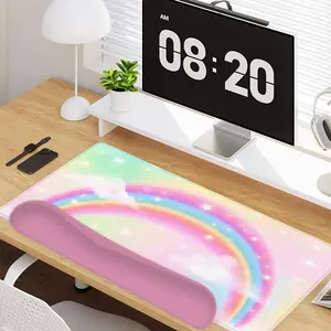 4 - in - 1 Rainbow Cloud and Starry Sky Elements Large Gaming Mouse Pad + Keyboard Wrist Rest + Mouse Pad with Wrist Support + Coaster Set with Ergonomic Design for Home Office Table Computer, Rubber Base Mousepad with Stitched Edges, Easy Typing Pain Rel