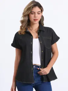 INSPIRE CHIC Women's Denim Shirt Short Sleeve Button Down Classic Jean Shirt Tops