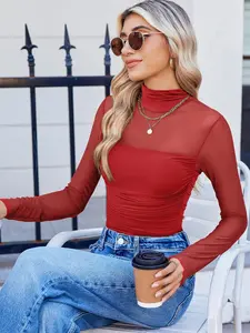 Women's Mesh Sheer Long Sleeve Ruched Top, Sexy Fitted High Neck, Fashion Versatile Base layer