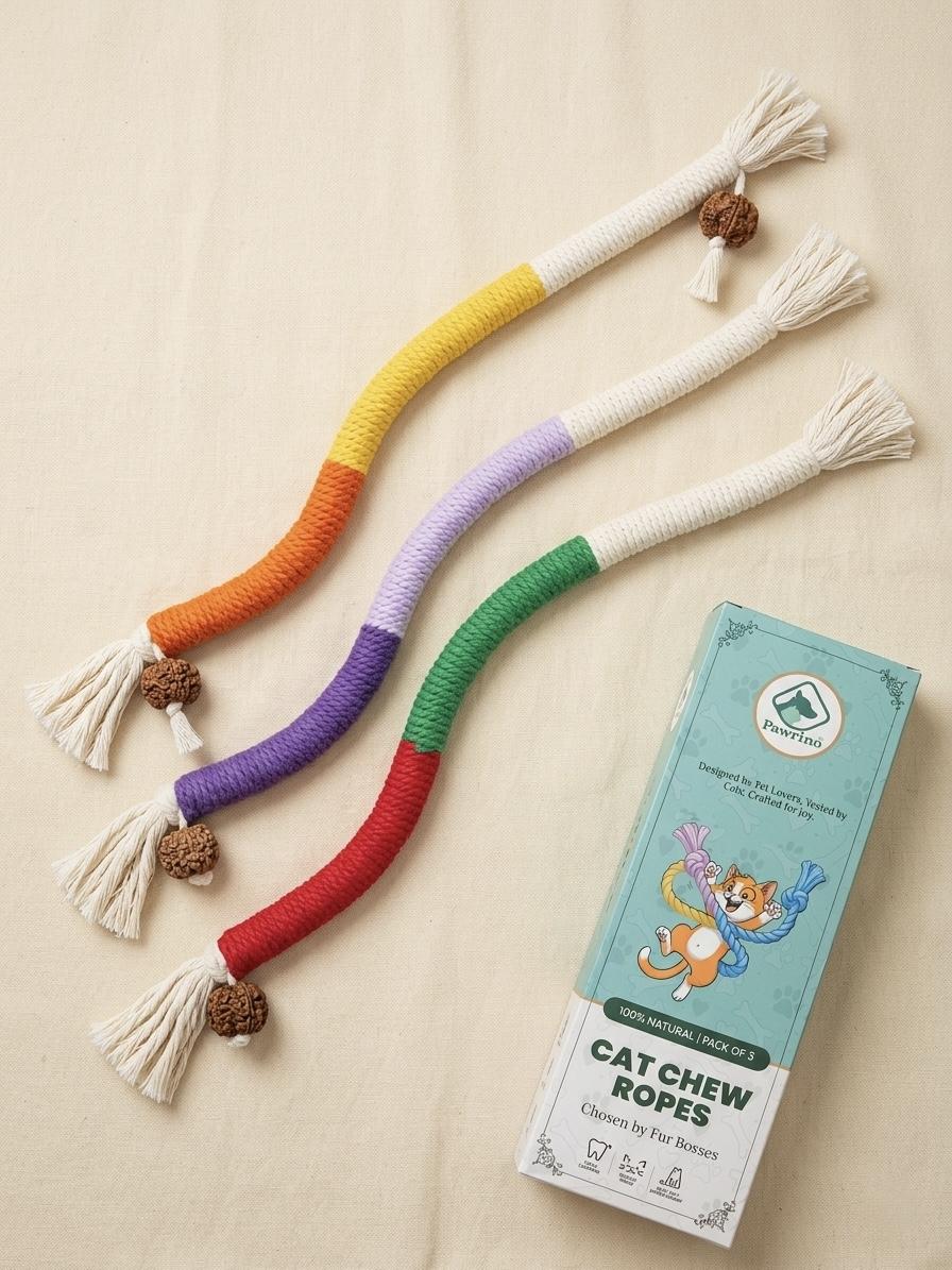 Pawrino Cat Chew Ropes 3 Pack – 22 Inch 100 Percent Cotton Teeth Cleaning Toy for Indoor Cats, Safe Non-Toxic Dental Chew, Calming Interactive Kitten Toy