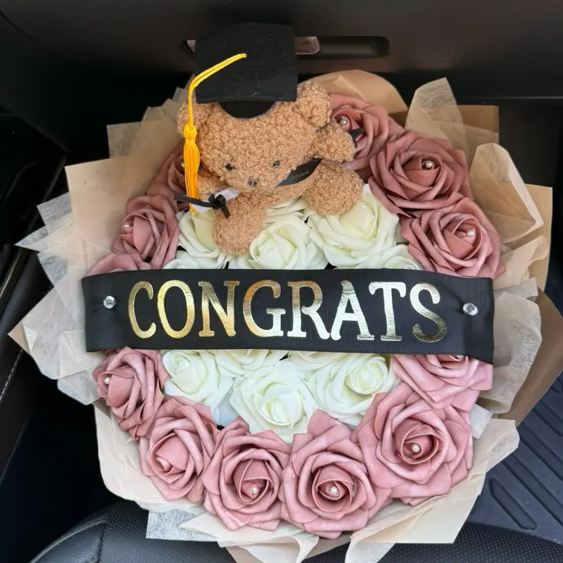 Congrats Nude Beige Boho Grad Bouquet with Graduation Teddy - Also available in Pink