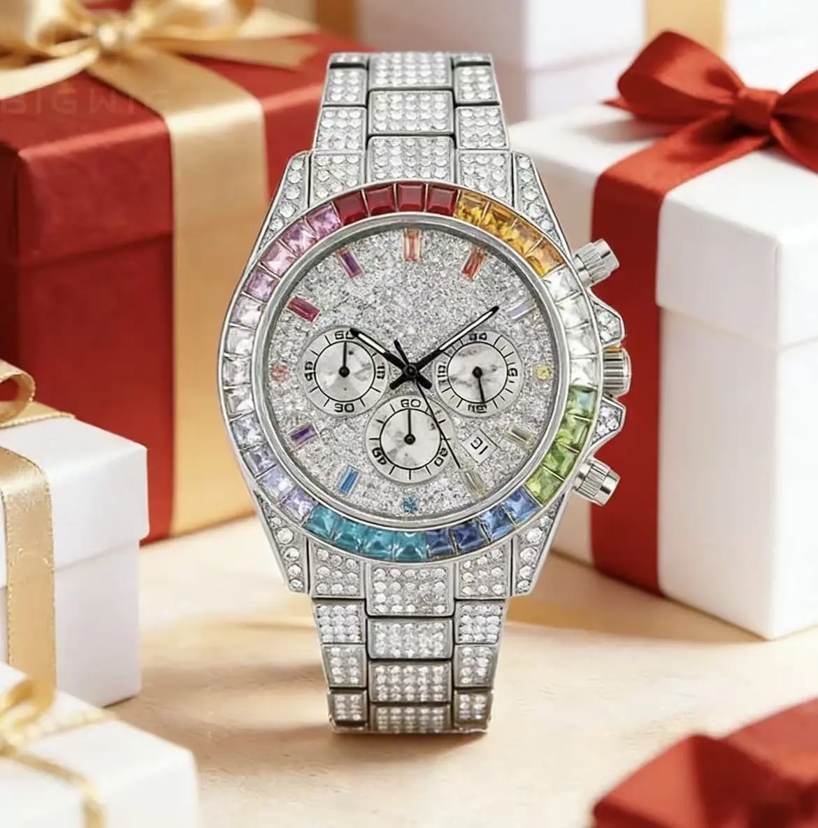Iced-Out Rainbow Chronograph Diamond Watch