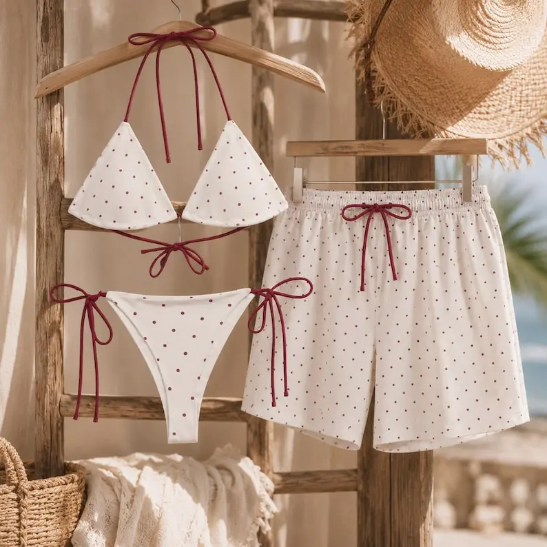 Matching Couple Swimwear Polka Dot Bikini and Shorts, Coquette Red Bow 3 Piece Swimsuit, Cream Burgundy Summer Beach Outfit, Coquette Aesthetic Red Bow Bikini Set with Matching Couple Shorts, Cream Burgundy 3 Piece Swimsuit, Trendy Summer Beachwear