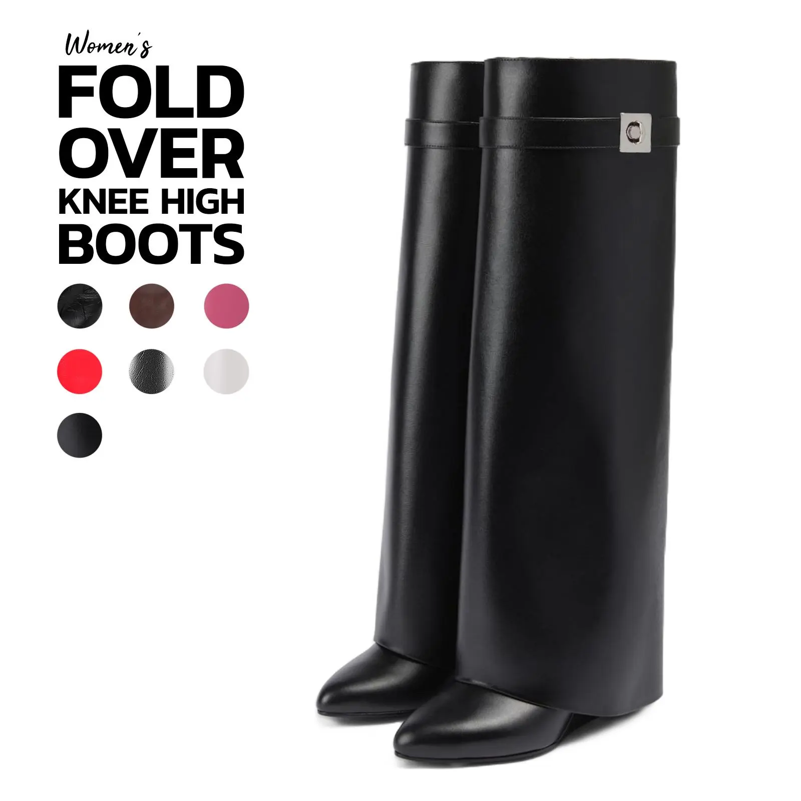 VIMISAOI Fold Over Knee High Boots for Women Covered Wedge Heel Pointed Toe Wide Calf Pull On Boots For Women Trendy Boots