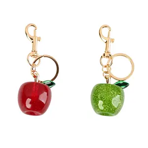 Sparkling Apple Keychain Set 2 pcs: Red apple and green apple, resin fruit bag charm with lobster clasp, cute handbag accessory and car key accessory.