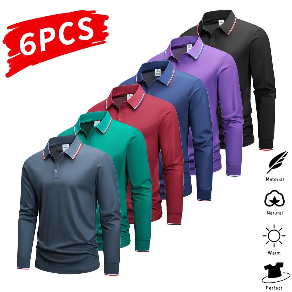 Men’s long-sleeve polo shirt, 6-pack, solid color design.Available in various styles to match different looks, suitable for travel, business, golf events, and suburban outings, and can also be given as a holiday gift.