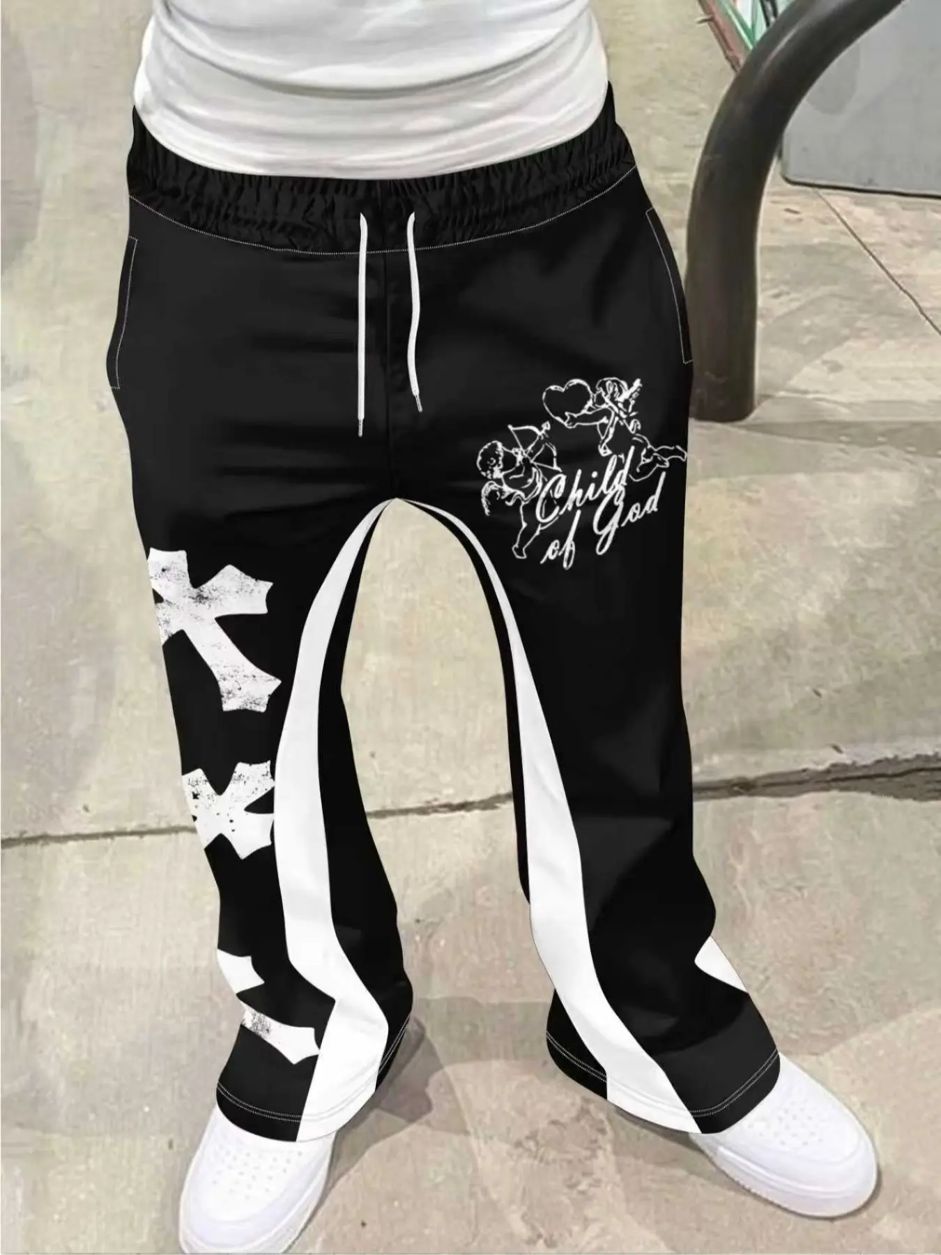 Men's Loose Fit Flare Leg Pants, Casual Streetwear Joggers, Vintage Hip Hop Long Trousers, Geometric 3D Print Design, Sporty Fashion, Athleisure Style Pants, Flared, Bell Bottoms Flared, Casual Mens Clothing