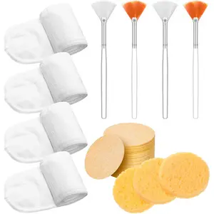4-piece facial spa headbands, adjustable hair bands, comes with 30 compressed facial sponges and 4 fan-shaped mask brushes, professional esthetician skincare tool set