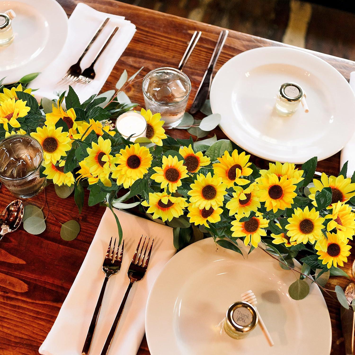 3 Pack Artificial Sunflower Garland, 7.5ft/Strand Silk Sunflowers Hanging Vines Flowers with Green Leaves for Room Kitchen Garden Birthday Wedding Baby Shower Party Table Decor Large