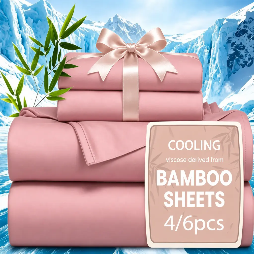 Jollyvogue 4/6-Piece Bamboo Fiber Cooling Queen-Size Bedding Set - Bamboo Sheets, Anti-Slip Grip, Breathable for Overheating/Sweaty Sleepers - Includes Pillowcases, Flat, Fitted Sheets